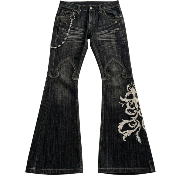 The Unbranded Brand Other - Vintage Y2K Flared Jeans Mens Dark Wash Embroidered Bell Bottoms Skull Chain